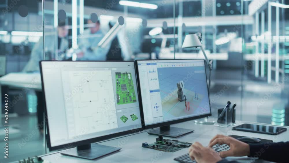 Fototapete Diverse Multicultural Team of Industrial Robotics Engineers Working in a Research and Development Facility in a Factory. Specialists Work on Computers, Operate Programmable Futuristic Robotic Arm.