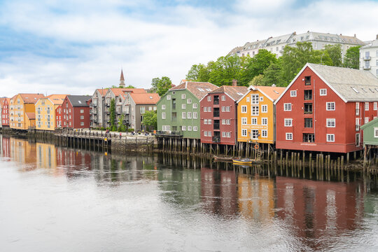 Famous colorful houses in Trondheim old town on the Nideva river, Norway