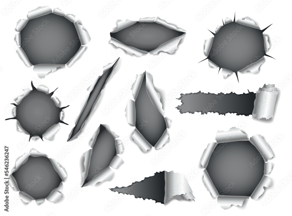 Poster paper hole collection of gray torn paper. torn sides over dark paper background with space for text.