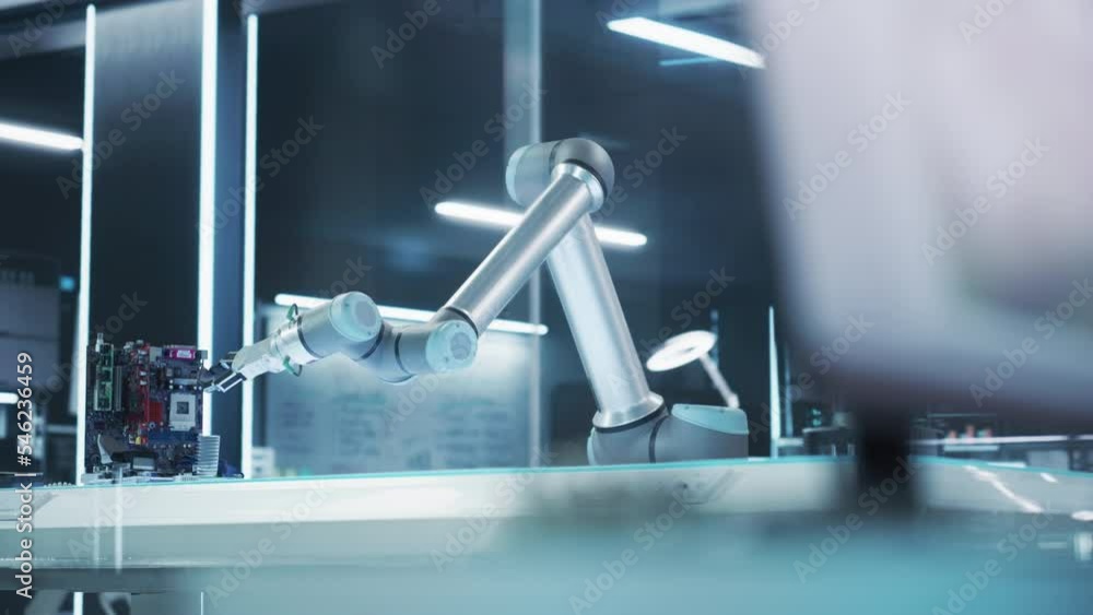 Poster industrial programmable robotic arm in a factory development facility. robot arm holding a prototype