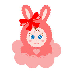 Girl Baby bunny. Cute newborn in a rabbit costume. Banner for a baby shower. Vector illustration