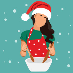 Christmas woman baking cookies. Happy woman in santa hats preparing breakfast for your family for Christmas. Peeple spend time cooking. Vector illustration