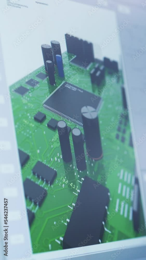 Aufkleber Vertical Screen: Close Up of a Computer Monitor Screen with 3D CAD Software with Digital Electronic Circuit Motherboard with Microchips, Capacitors, Transistors and Inductors.