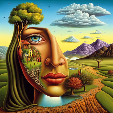 Surrealistic Face Landscape, Nature landscape in a human face, Surreal Painting, World inside human head, Woman Portrait