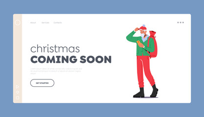 Trendy Xmas Father Noel Landing Page Template. Stylish Santa Claus Christmas Character Wear Hipster Clothes Illustration