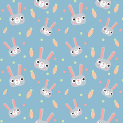 Easter bunny. Cute rabbit face on a blue background. Cute rabbit with a carrot. Children's textiles. Polka dot background. Background with rabbit and confetti.