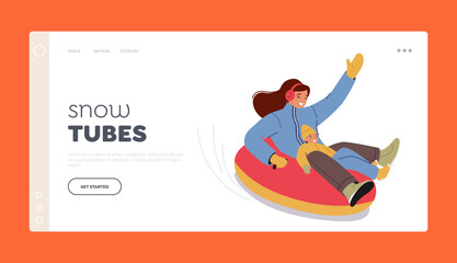 Snow Tube Landing Page Template. Active Outdoor Wintertime Extreme Fun. Young Happy Girl Winter Holidays Fun