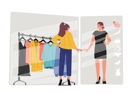 Shopper Trying On Clothes Size And Style In Virtual Fitting Room. Online Dressing, E-commerce Clothing Room Concept