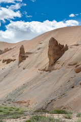 Natural sculptures in the mountains in India at an altitude of more than 4600 meters high, on a valley of the Leh Manali highway, travel destination