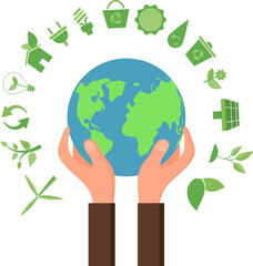 Cartoon Ecology Signs Green Icons Set Ecological Power Concept Flat Design Style. illustration of Eco Symbol Icon
