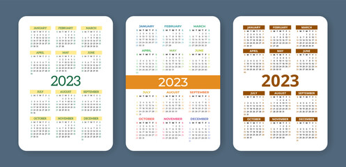 Calendar 2023 year set. English vector set. Vertical wall or pocket calender template. Design collection. Week starts on Sunday