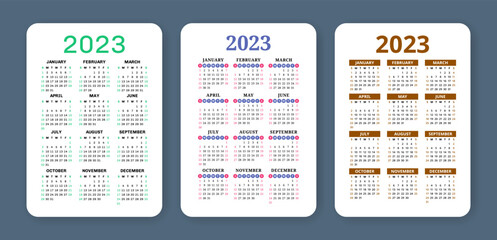 Calendar 2023 year set. English vector set. Vertical wall or pocket calender template. Design collection. Week starts on Sunday