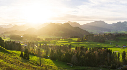 Lovely rural mountain countryside in beautiful sunlight. Oberstdorf, Allgau, Germany. - 546241047