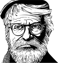 Senior man with a full beard and glasses looks thoughtful.  Outline for coloring. Vector Illustration. 