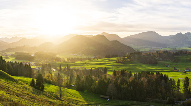 Lovely rural mountain countryside in beautiful sunlight. Oberstdorf, Allgau, Germany.