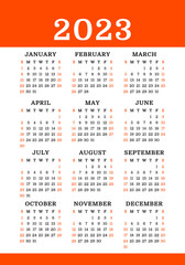Calendar design 2023 year. English red vector vertical wall or pocket calender template