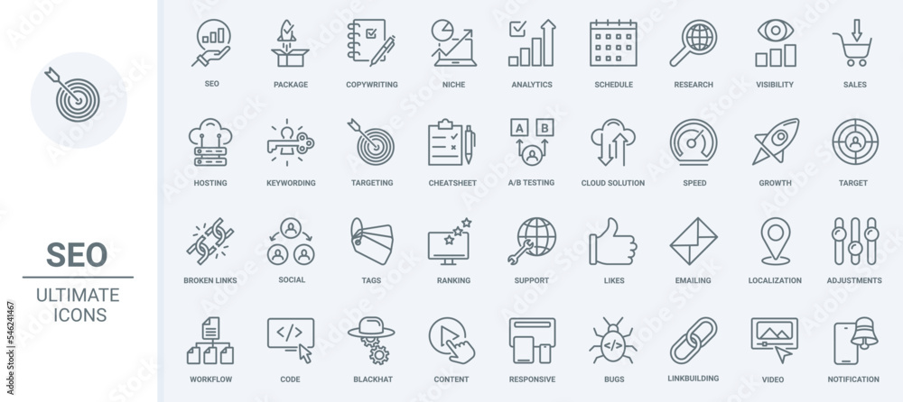 Poster seo, business technology thin line icons set vector illustration. outline social media analytics and