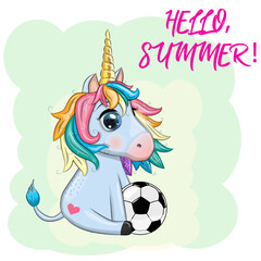 Cute cartoon unicorn with soccer ball, summer, kids games, club
