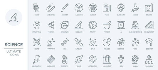 Obraz na płótnie Canvas Science technology thin line icons set vector illustration. Outline biology and chemistry laboratory research, AI and machine learning, astronomy and space, data structure analysis of scientist