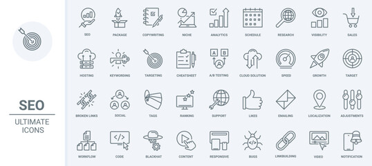 Obraz na płótnie Canvas SEO, business technology thin line icons set vector illustration. Outline social media analytics and internet network, mobile app symbols, copywriting and niche research, likes for content and links
