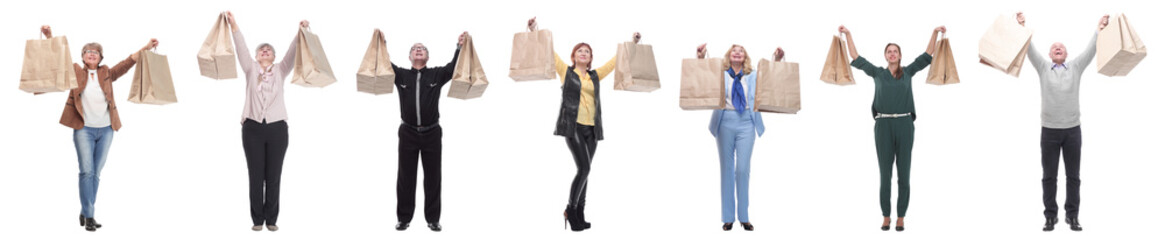 a line of people with shopping bags isolated