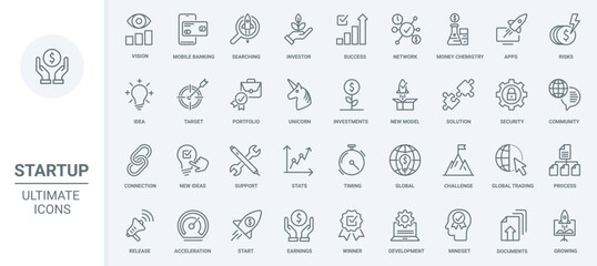 Naklejka na ściany i meble Startup technology thin line icons set vector illustration. Outline success ideas and finance project development, vision and solution for trading, statistics graph growth, banking security support
