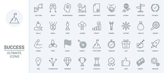 Success thin line icons set vector illustration. Outline premium cup award and medal trophy for best puzzle solution of winner, business chart growth and money bag, strategy and party celebration