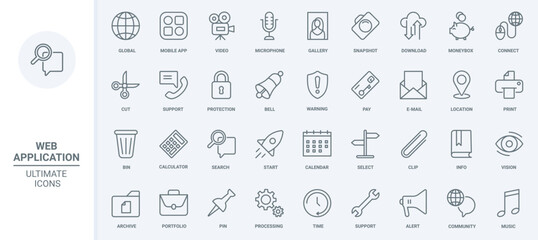 Obraz na płótnie Canvas Mobile apps thin line icons set vector illustration. Outline microphone and calculator, video and music gallery web application in phone, email and location info search, global support service