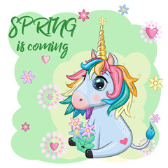 Unicorn with flowers, in a wreath, spring is coming, postcard for the holiday of spring.