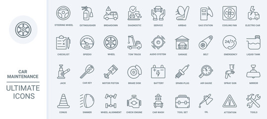 Naklejka na ściany i meble Maintenance and repair car service, auto shop thin line icons set vector illustration. Outline mechanic tools and equipment for automotive diagnostics in garage, tech machine parts and engine