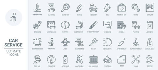 Obraz na płótnie Canvas Car service thin line icons set vector illustration. Outline scheduled diagnostics of vehicle and auto repair tools, pictogram of automotive parts, automatic and manual transmission, wheel and tires