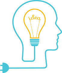 Head silhouette lightbulb inspiration concept set vector illustration. Creative graphic collection with head profile, gear machine and light bulb. Blue human silhouette technology background concept.