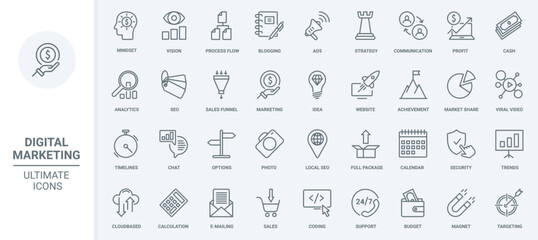 Obraz na płótnie Canvas Digital marketing strategy and business vision thin line icons set vector illustration. Outline internet network advertising with megaphone and viral video, blog analytics, security and sales funnel