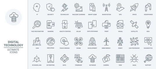 Fototapeta na wymiar Digital technology, internet communication, machine development and learning thin line icons set vector illustration. Outline 3d model printing, apps for health control, recognition and diagnostics