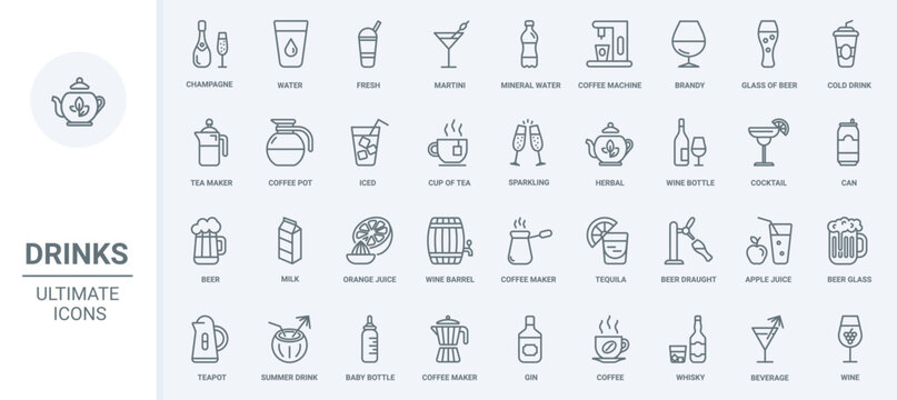 Drinks thin line icons set vector illustration. Outline beverage menu collection with cold fresh water, alcohol cocktails or juice and hot drinks, champagne and wine glasses, coffee and tea maker