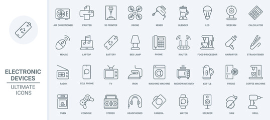 Kitchen appliances and electric household equipment thin line icons set vector illustration. Outline microwave and oven, mixer and home coffee machine for cooking food, hairdryer and air conditioner