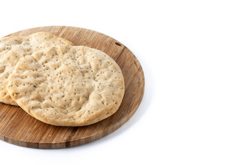 Italian focaccia with rosemary isolateed on white background. Copy space