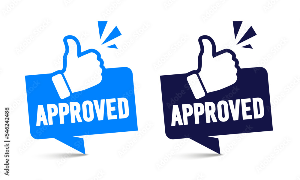 Poster label set with thumbs up icon and text approved