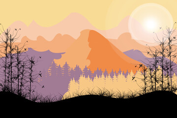 Fabulously beautiful forest landscape for the game. Illustration of a cartoon landscape. Vector illustration in cartoon style. User interface design.