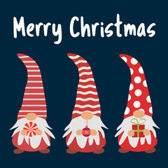 Christmas card template with three red gnomes holding candy, Christmas ornament and present over dark blue background. For Christmas greeting cards, postcards and posters 