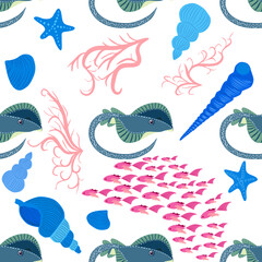 Batomorphi sea life, fish, animals bright seamless pattern. sea travel, snorkeling with animals, tropical fish