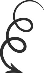 Sketchy drawing arrow vector illustration. White twisted and curled hand drawn arrow, spiral and curved doodle pointer isolated on black background for hand drawn infographic design