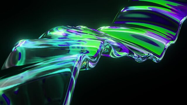 Abstract Neon Wave Surface. Wavy Color Line. Liquid Green Purple Glowing Curved Wavy Line. Neon Cyberpunk Style. Minimalist Style. 3D Rendering