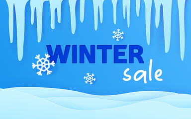 Paper cut winter sale banner, vector illustration for business with snow, snowflakes, and icicles in blue and white colors.