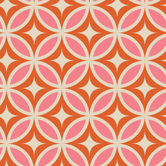 Mid century modern starbursts on pink and orange circle leaves seamless pattern. For home décor, retro backgrounds and wallpaper 