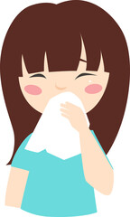 The girl is sick icon. The girl blows her nose into a handkerchief. Headache, cold, runny nose. The child got sick. Quarantine.
