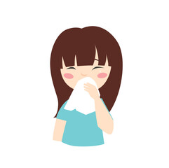 The girl is sick icon. The girl blows her nose into a handkerchief. Headache, cold, runny nose. The child got sick. Quarantine.