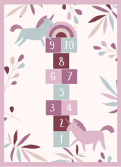 Print. Play mat for children with unicorn. Vector game for kids with numbers and unicorns. Unicorns and flowers. Children's room decor. Carpet for girls. Delicate pink tones. Cartoon cute unicorns. - 546243254