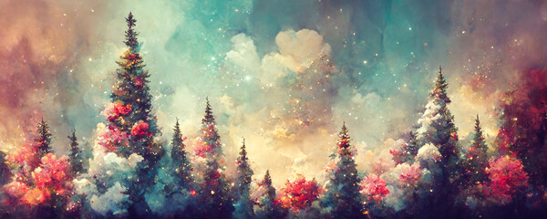 Fototapeta na wymiar Abstract Christmas illustration with Christmas trees as panorama background wallpaper