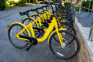 Bicycle rental. Yellow bicycles are parked. Bicycle parking at the office.